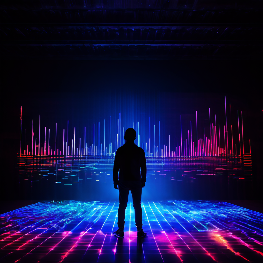 사운드의 시각적 표현으로, 어두운 공간에서 빛나는 주파수 파동과 인간 실루엣이 이퀄라이저 디스플레이처럼 다채로운 스펙트럼 데이터를 분석하는 모습을 보여줍니다.