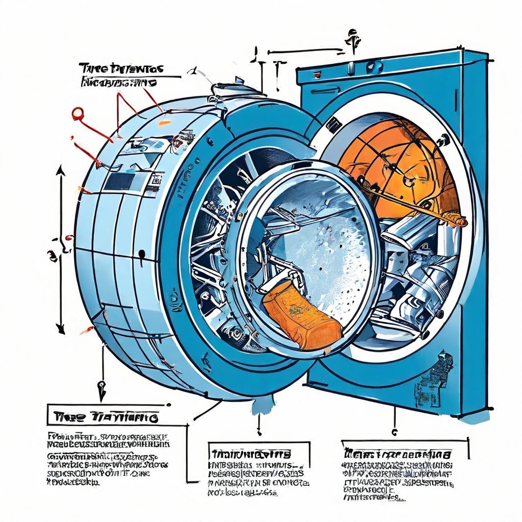 세탁기 드럼의 단면을 보여주는 일러스트레이션으로, 빨래가 구르는 모습과 함께 마찰력을 제어하는 힘의 방향을 나타내는 화살표가 표현되어 있으며 역방향 세탁의 물리학 원리를 설명합니다.