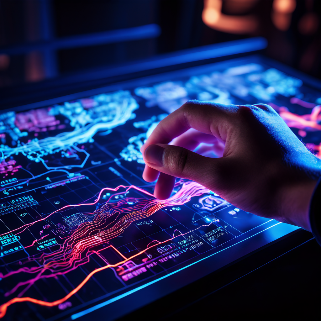 게이머가 미니맵을 확인하는 손에서 리듬감 있게 맥박치는 빛과 과학적 데이터 시각화가 흘러나오며 게임 내 전략적 분석과 실시간 정보 처리를 보여줍니다.