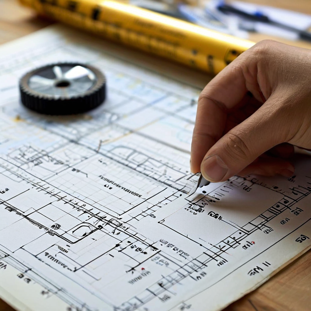 건축 설계도에서 기초 측정과 기준선 설정이 첫 번째 단계로 진행되는 기술 다이어그램으로, 정밀한 건축 계획의 시작을 보여줍니다.
