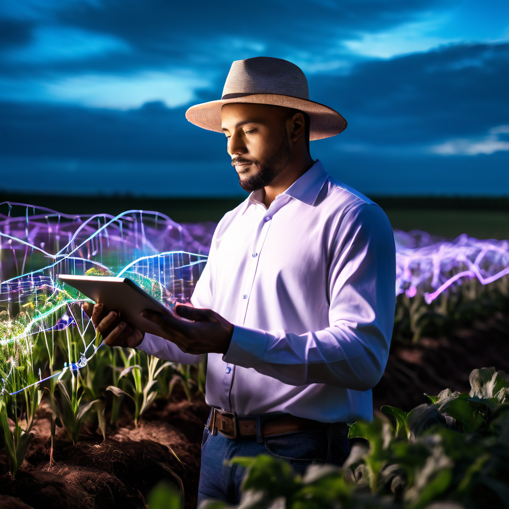 데이터 분석가 농부가 태블릿으로 농작물 수확량 그래프를 확인하며 비옥한 토양에서 올라오는 홀로그램 데이터 스트림을 바라보고 있는 모습을 담은 이미지입니다.