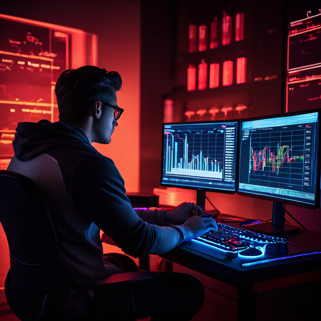 전략적인 게이머가 게임 표지에 의한 충동구매 대신 화면의 데이터 차트와 그래프를 분석하며 합리적인 구매 결정을 내리는 모습을 담은 이미지입니다.