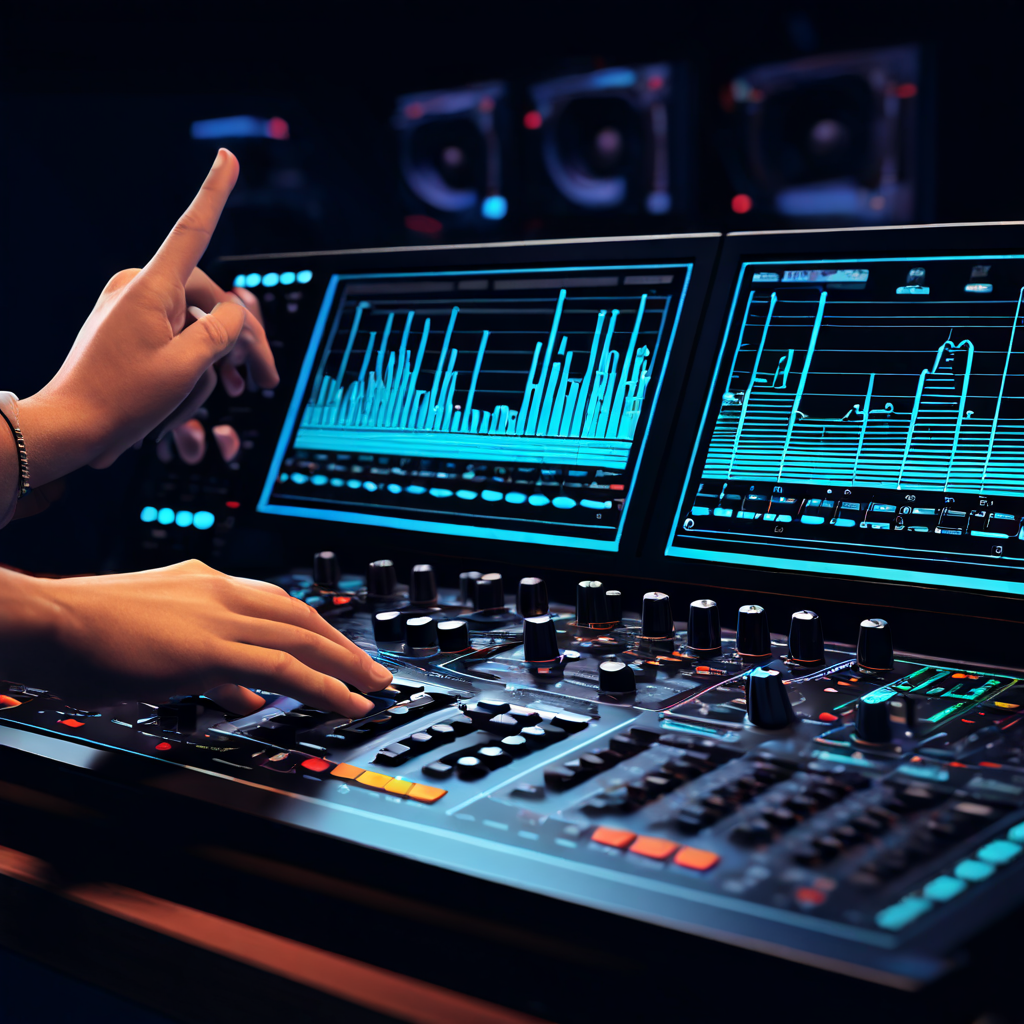 오디오 믹싱 콘솔에서 그래픽 이퀄라이저 슬라이더를 손으로 조정하여 음질을 개선하는 단계별 방법을 보여주며, 최적화 전후의 오디오 웨이브폼 변화를 시각적으로 비교한 설명 그림입니다.