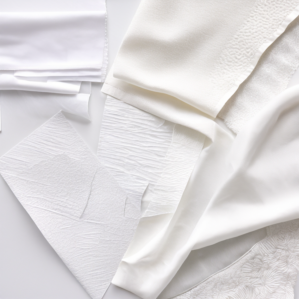 자연광 아래 나란히 놓인 다양한 흰색 직물 소재 견본들이 미세한 질감과 색상 차이를 보여주며 패션 소재 선택의 다양성을 설명하는 이미지입니다.