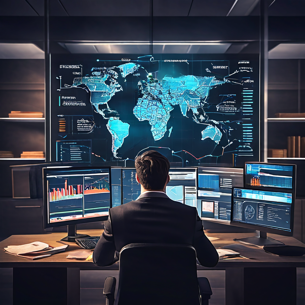 사기 방지, 물류, 환불 분석을 위한 대시보드를 집중적으로 검토하며 전략 문서와 보안 방패로 무장한 비즈니스 전문가의 모습을 담은 이미지입니다.