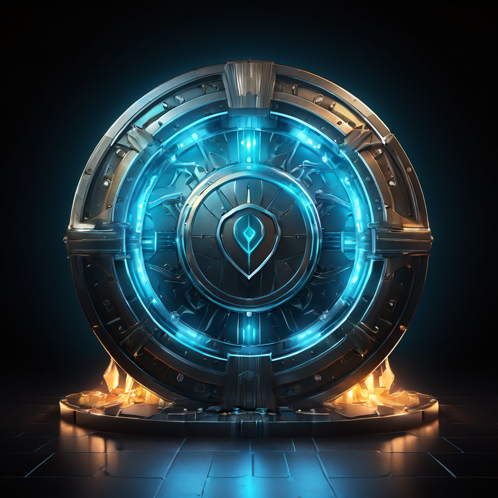 투자 안전성을 상징하는 보안 금고 안에서 빛나는 브랜드 로고를 코인이 방패로 변환되어 보호하는 모습을 표현한 이미지입니다.