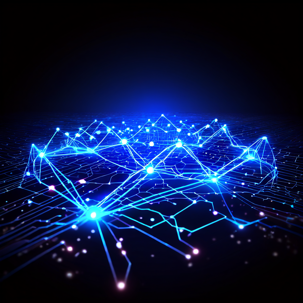 디지털 뉴스레터 아이콘이 복잡한 네트워크의 빛나는 데이터 노드와 연결선 사이를 이동하며 정보 전달 과정을 시각적으로 표현한 이미지입니다.