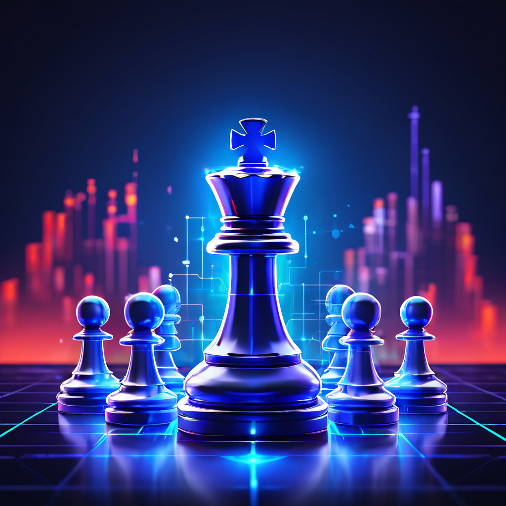 단순한 챗봇 아이콘에서 복잡한 전략적 체스 말로 상승하는 그래프 선이 진화하는 e스포츠 경기장 배경에 오버레이된 이미지로, AI 기술의 발전이 게임 전략 및 e스포츠 산업 성장으로 이어지는 과정을 상징적으로 표현합니다.