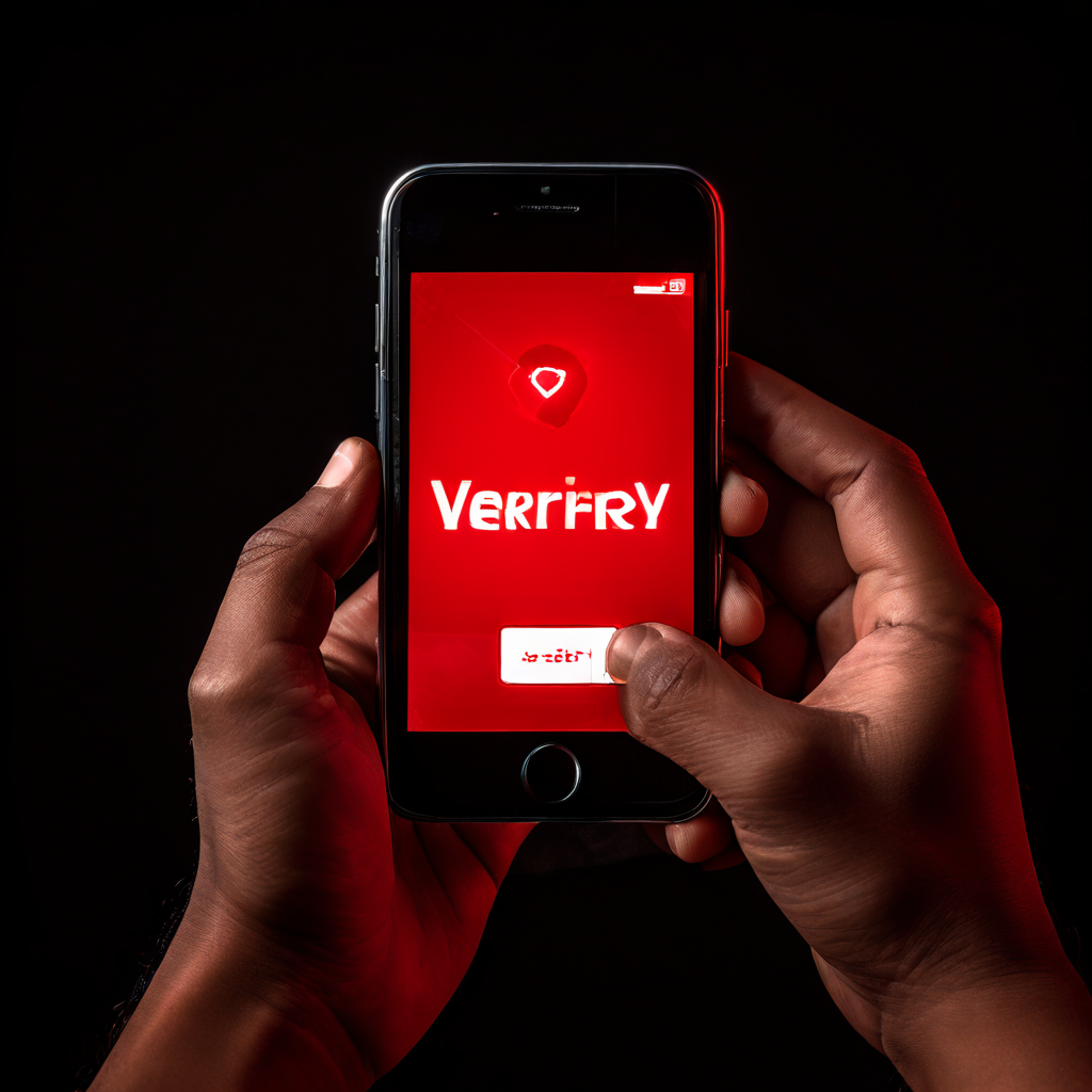 긴장감 있게 휴대폰을 쥔 손과 화면에 빛나는 적색 'VERIFY' 버튼이 중요한 첫 번째 인증 절차의 순간을 상징적으로 보여주는 이미지입니다.