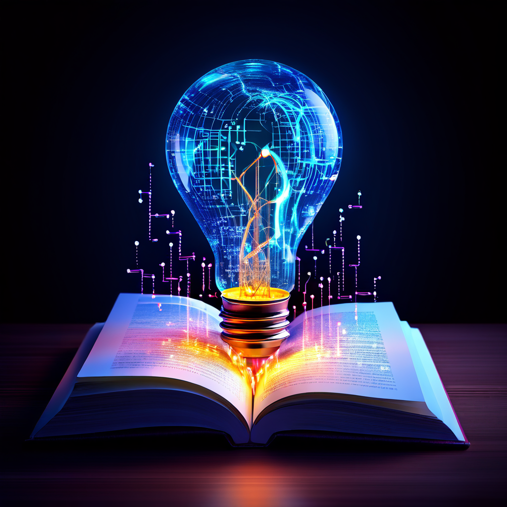 질문이 데이터 분석을 거쳐 통찰과 지식으로 발전하는 과정을 상징적으로 보여주는 이미지로, 빛나는 물음표가 막대그래프로 변형되고 데이터 흐름이 열린 책 위의 전구에 모이는 모습을 묘사합니다.