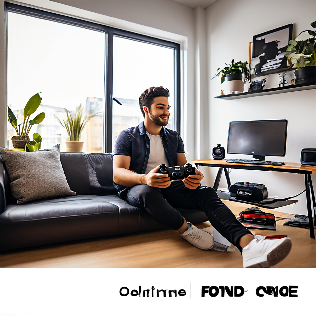 새 아파트에 정착한 사람이 게임 컨트롤러를 들고 체계적인 게이밍 셋업을 즐기며, 공중에 떠 있는 '최적화된 루틴' 체크리스트로 효율적인 일상 관리를 계획하는 모습을 담은 이미지입니다.