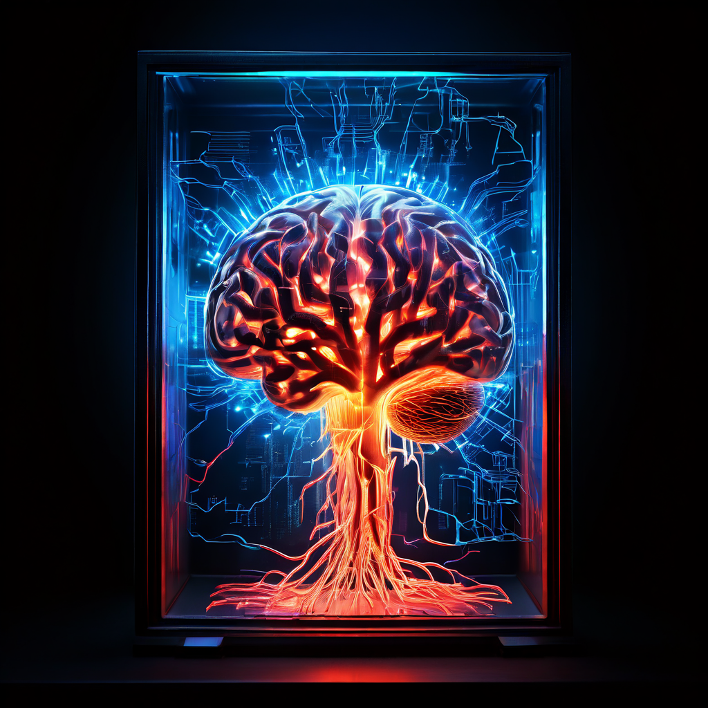 인간의 인지 기능을 겨냥한 디지털 공격을 상징적으로 표현한 이미지로, 빛나는 뇌 조직에 팝업 창의 촉수가 침투하여 정신적 취약점을 노리는 모습을 묘사하고 있습니다.