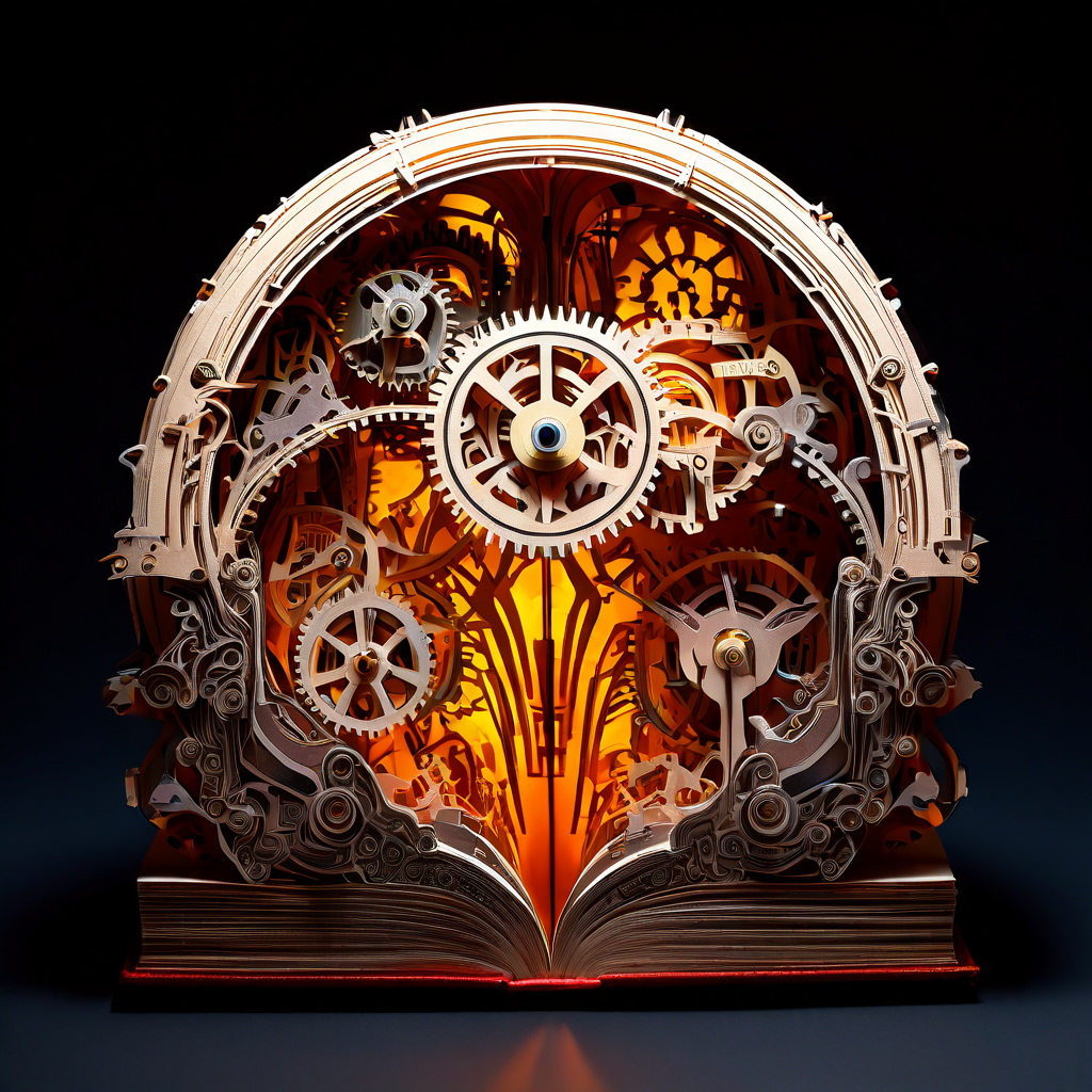 단순한 종이 팝업북 속에 복잡한 기계식 코어가 빛나며 표면 아래에 숨겨진 정교한 톱니바퀴와 내밀한 구조를 드러내는 상상을 초월하는 이미지입니다.