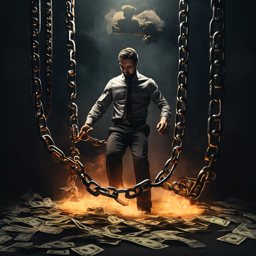 단기 대출을 받는 사람이 그 대출이 무거운 쇠사슬로 변해 장기적인 파산의 구덩이로 끌려가는 위험한 금융 메커니즘을 상징적으로 표현한 이미지입니다.