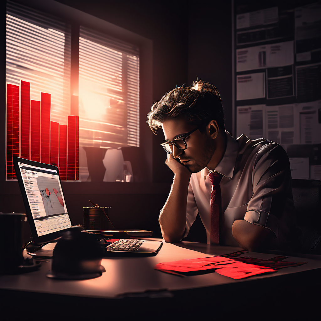 지친 웹마스터가 적자로 물들어가는 재무 차트 화면을 바라보고 있으며, 뒤로 드리운 빚의 그림자와 깨진 돼지저금통이 사이트 운영의 재정적 어려움을 상징적으로 보여줍니다.