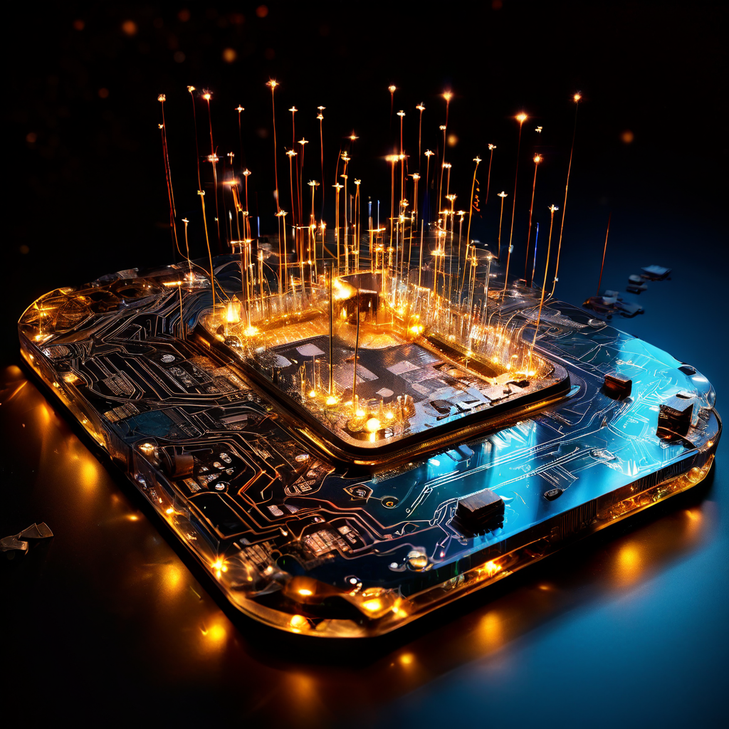 빛나는 5성 리뷰가 깨져나가며 그 아래에 드러난 취약한 회로 기판이 온라인 평판의 허상과 디지털 신뢰의 복잡한 본질을 상징적으로 표현하고 있습니다.