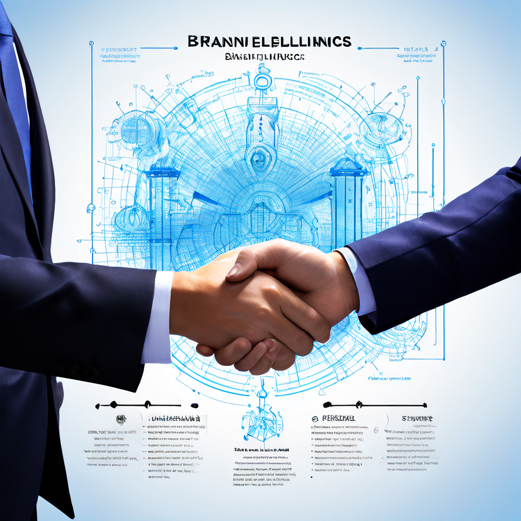 B2B 계약 체결 시 브랜드 가이드라인을 바탕으로 한 숨겨진 경쟁 우위를 상징하며, 복잡한 청사진 위에서 이루어지는 전문적인 악수 장면을 담은 이미지입니다.