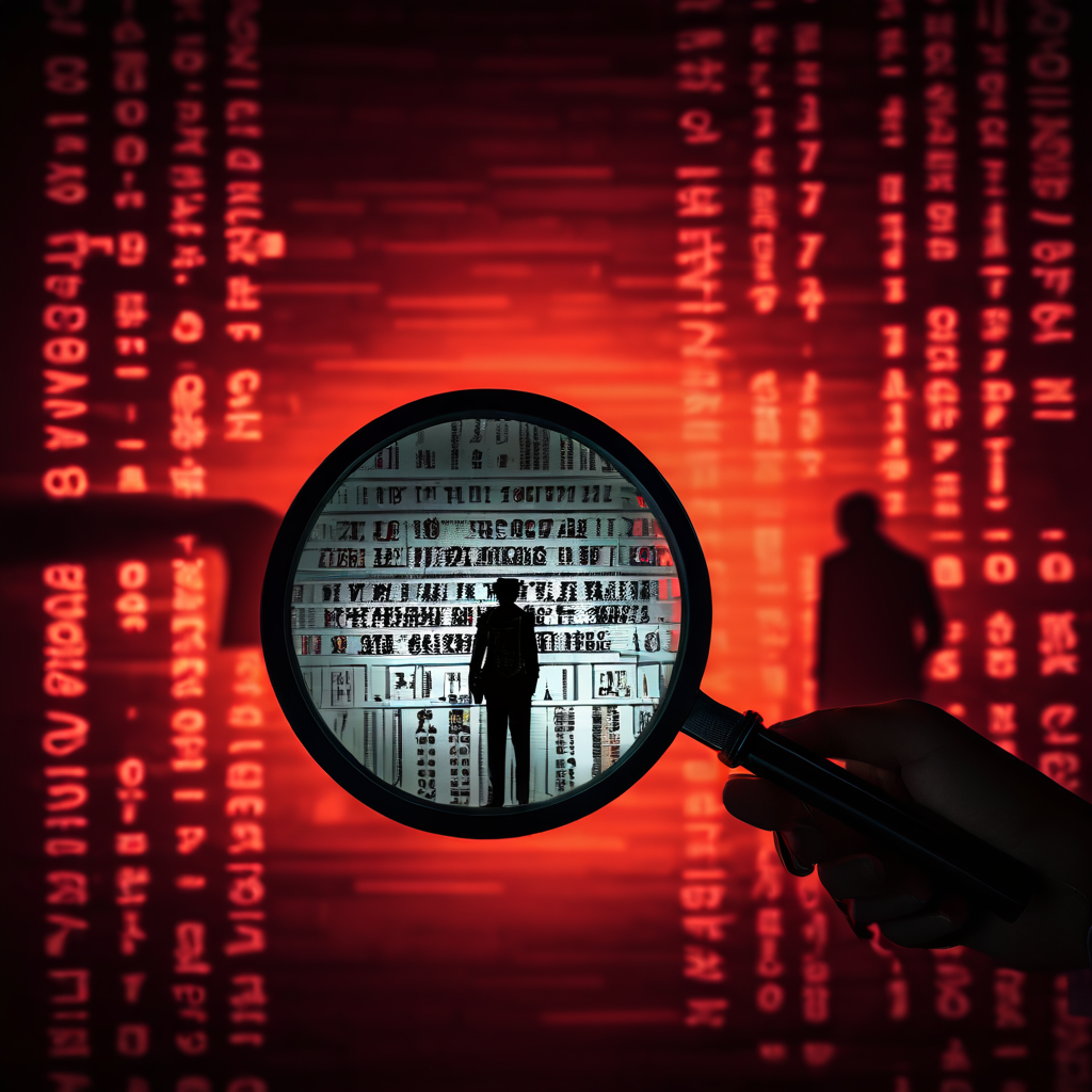 스마트폰 화면에 표시된 운전면허증을 확대경으로 살펴보며, 배경에는 디지털 보안 위협을 암시하는 이진 코드와 실루엣이 드리워진 상황을 묘사한 이미지입니다.