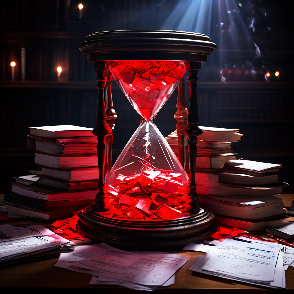 수동 검증 업무의 위험성을 상징적으로 드러내는 과부하된 업무 환경으로, 쌓여가는 중요 문서와 간과된 오류, 시간 부족을 의미하는 깨진 모래시계가 업무 지연과 리스크를 동시에 경고합니다.
