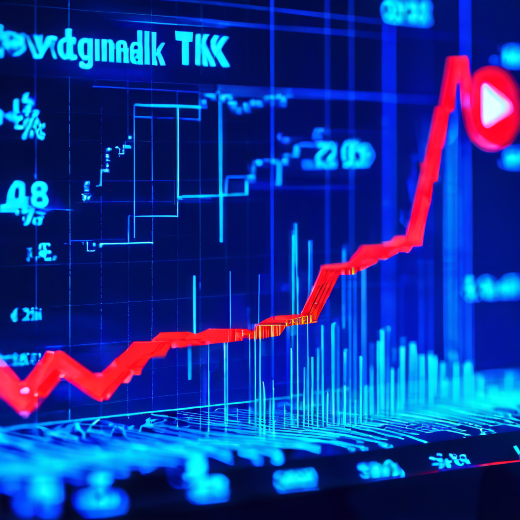 유튜브 조회수는 급증하는 반면 좋아요 비율은 급락하는 역설적인 현상을 수학 방정식이 깨지는 형태로 표현한 초현실적 그래프 이미지입니다.