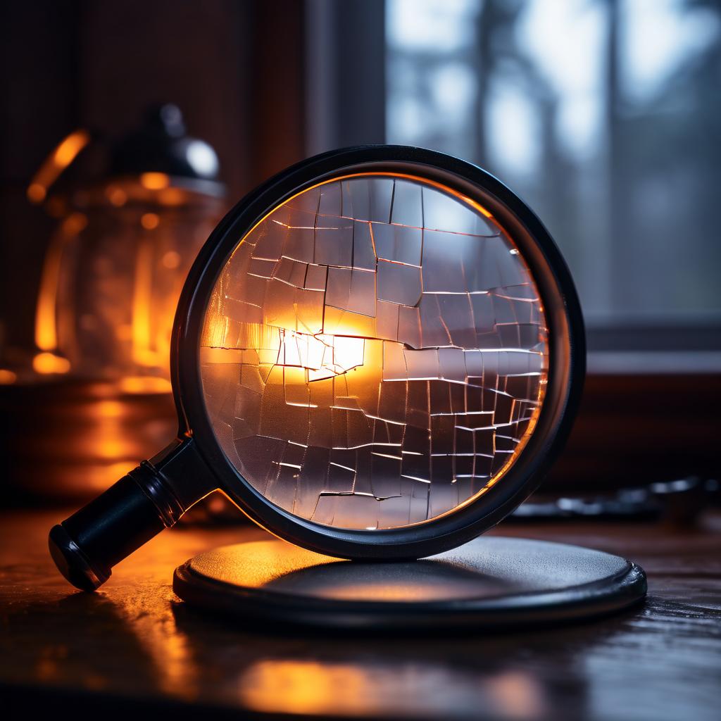 검색 결과가 흐릿하게 왜곡되어 표시된 컴퓨터 화면 위에 금이 가고 안개 낀 돋보기가 놓여 있으며, 이는 정보 과부하 속에서 명확한 답을 찾기 어려운 디지털 시대의 검색 어려움을 상징적으로 표현합니다.