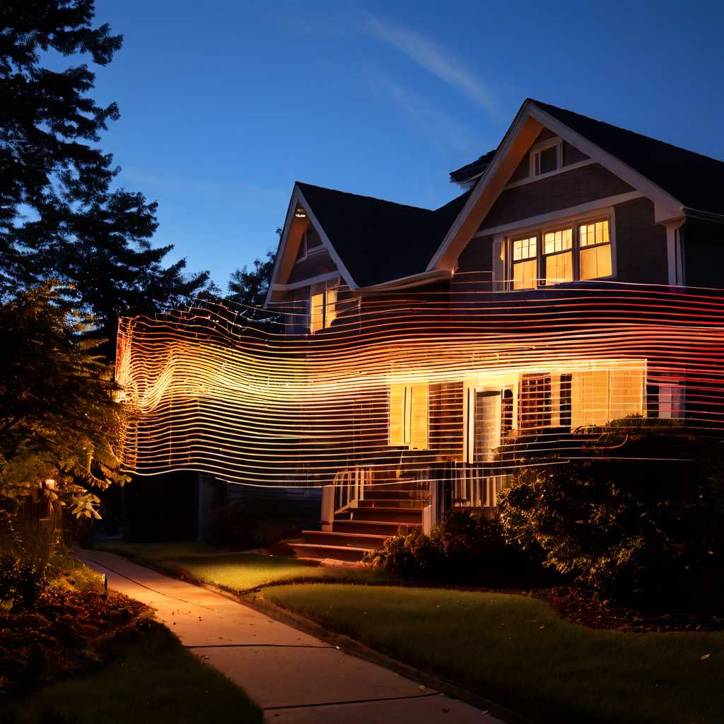 이웃 집에서 텔레비전 화면의 빛보다 늦게 도착하는 소리 파동이 공간과 시간을 가로지르는 물리적 현상을 시각적으로 표현한 이미지입니다.