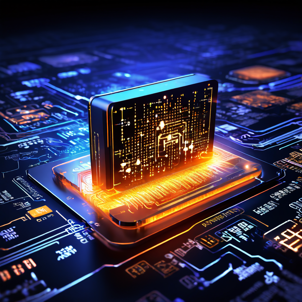 진단 그래프와 소프트웨어 코드가 오버레이된 빛나는 컴퓨터 칩이 연산 속도, 온도, 효율성 아이콘으로 둘러싸여 시스템 성능 모니터링과 최적화 개념을 시각화한 이미지입니다.
