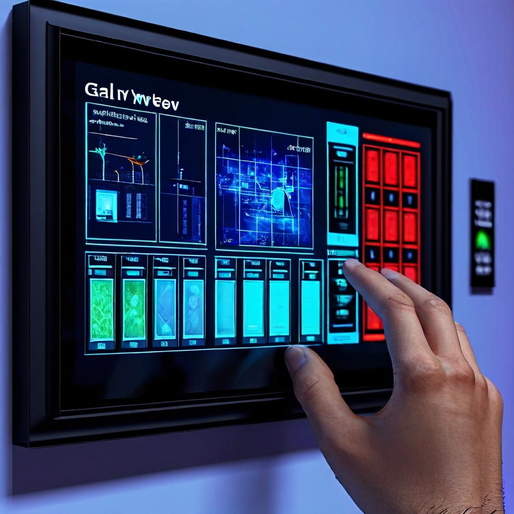 디지털 아트 갤러리 인터페이스에서 사용자가 '갤러리 뷰' 스위치를 토글하여 단순한 그리드 레이아웃이 슬라이더와 설정 항목이 포함된 고급 제어판으로 전환되는 상호작용 과정을 보여줍니다.
