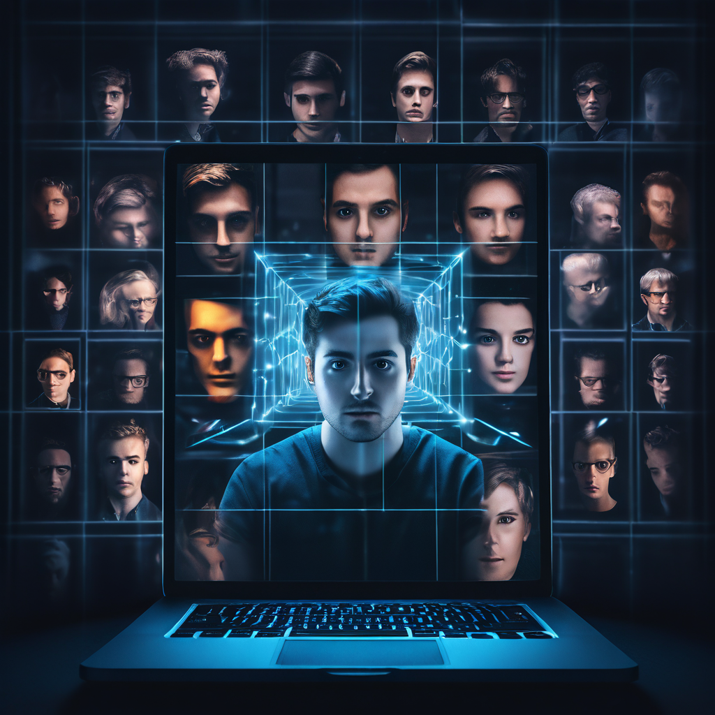 화상 회의 중 스피커 뷰에 갇혀 여러 얼굴을 바라보며 벽을 느끼는 사람의 모습을 통해 디지털 소통의 피로감과 고립감을 상징적으로 표현한 이미지입니다.