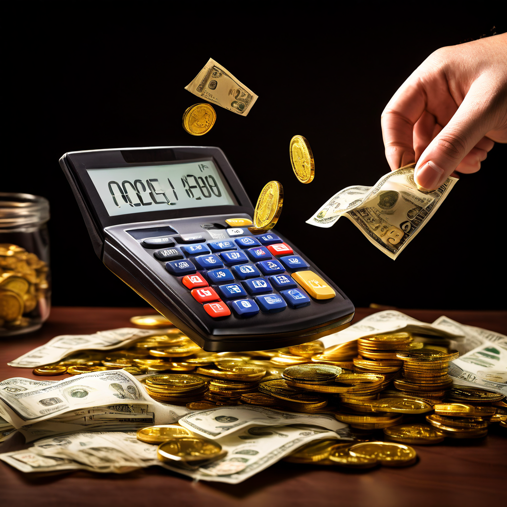 계산기와 영수증 위에서 소비자의 손이 금화의 가치를 저울질하는 한편 지폐가 날아가는 모습으로 소비 심리와 지출을 상징적으로 표현한 이미지입니다.