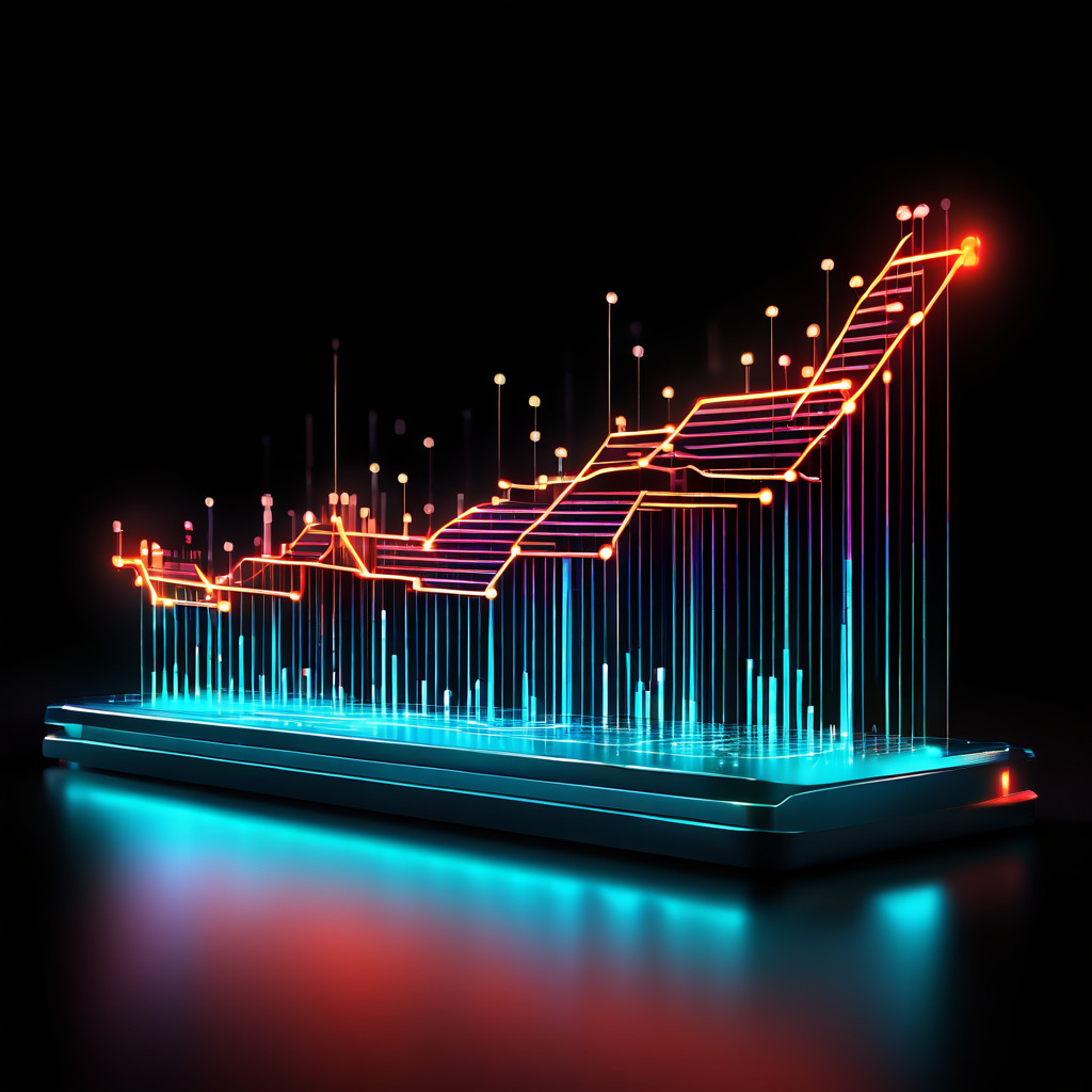 검색 결과의 순위 그래프가 상승함에 따라 디지털 신용 점수가 함께 올라가며, 두 요소가 빛나는 데이터 스트림으로 연결되어 성장을 시각화한 이미지입니다.