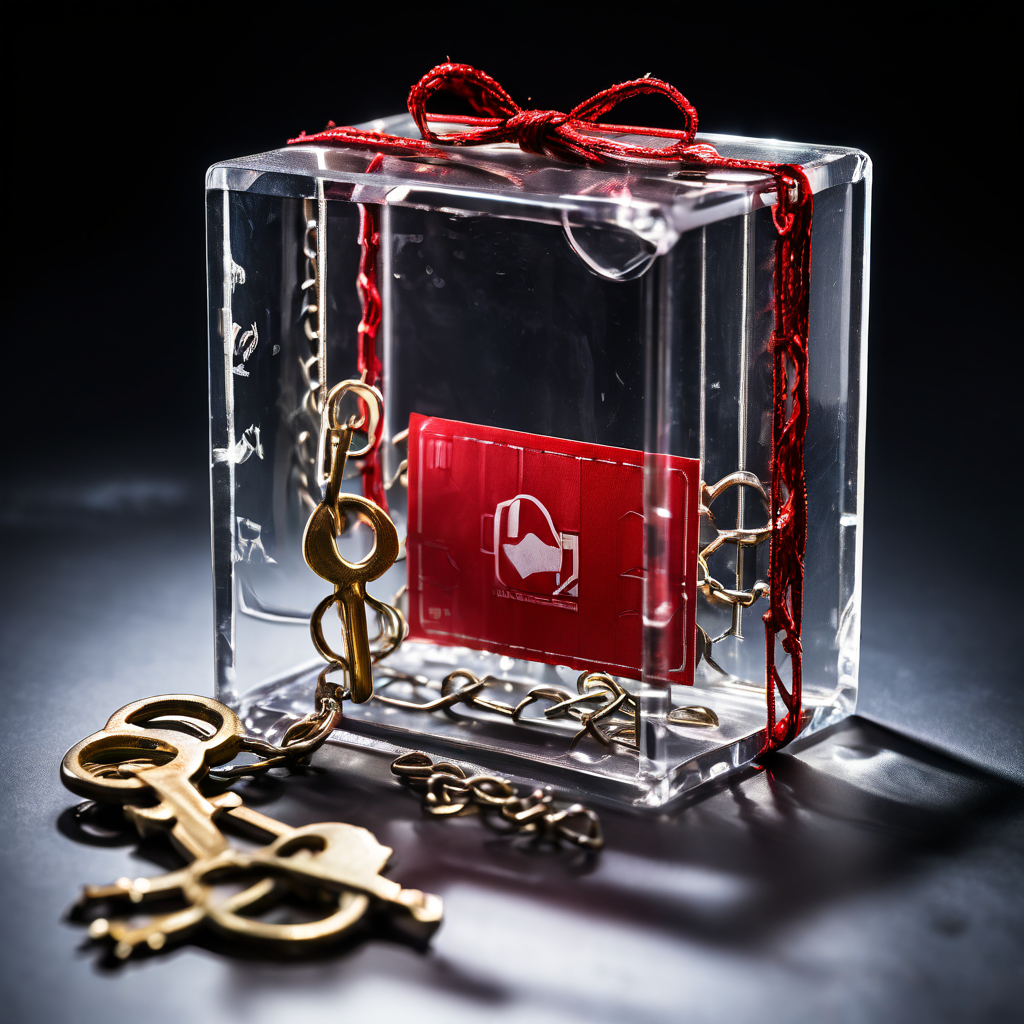투명한 상자에 가둬져 빨간색 '제한됨' 도장이 찍힌 고급스러운 기프트 카드와, 문제와 해결을 상징하는 열쇠와 끊어진 사슬이 놓여 있는 이미지입니다.
