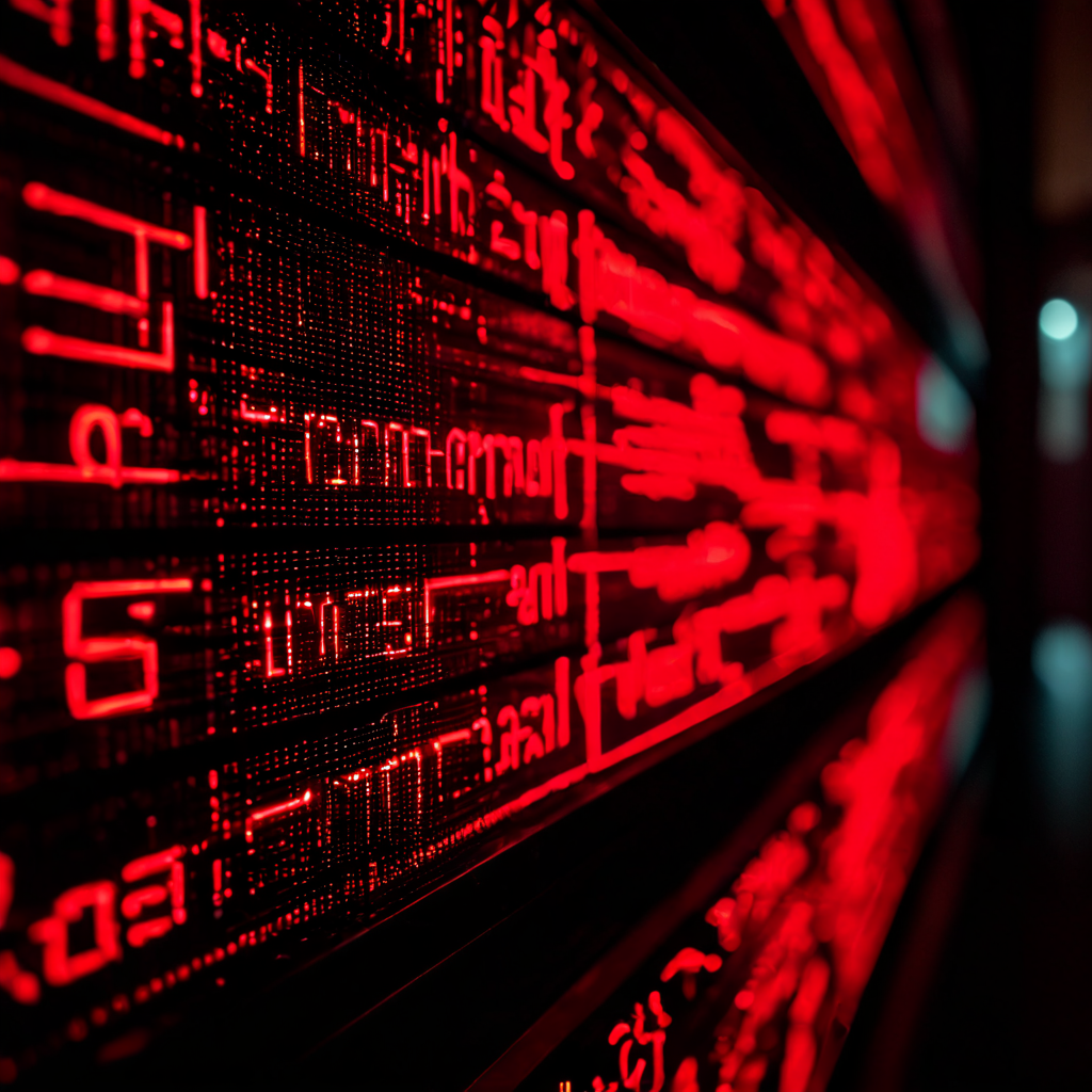 서버 보안 위협을 탐지하는 과정을 묘사한 이미지로, 어두운 화면에 빛나는 서버 로그 데이터 가운데 특이 패턴이 붉은 색으로 강조 표시되어 있습니다.