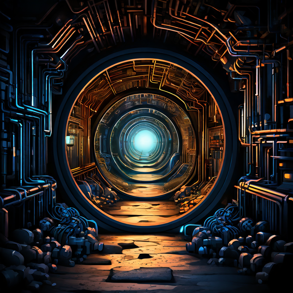 데이터 파이프라인의 병목 현상을 시각화한 이미지로, 좁고 혼잡한 터널 형태의 파이프라인에서 확대경이 데이터 패킷 정체가 발생하는 가장 느린 구간을 집중적으로 비추고 있습니다.