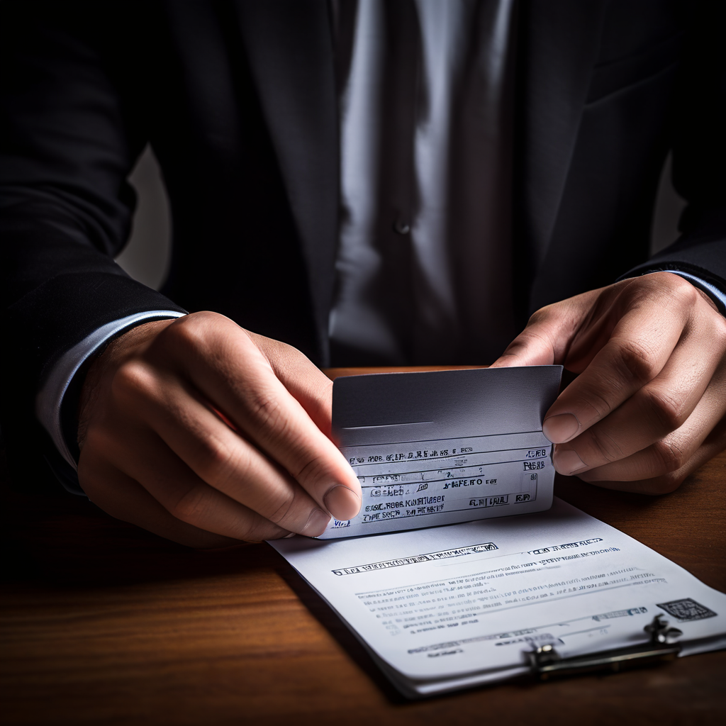 신분증을 도용한 범죄자의 손이 가짜 아르바이트 제의 서류에 사기 서명을 하는 장면으로, 신분 도용의 위험성을 상징적으로 보여줍니다.