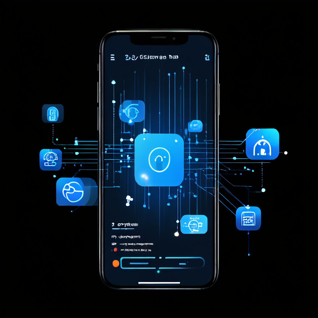 스마트폰 화면에서 카메라, 연락처, 위치 정보 앱 권한 요청 시 아이콘으로부터 유출되는 데이터 스트림과 그림자 같은 형상을 통해 개인정보 보안의 중요성을 시각적으로 경고하는 이미지입니다.