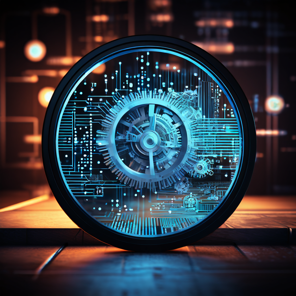 분석 도구인 돋보기가 데이터 불일치를 확인하는 컴퓨터 화면을 가리키며, 배경에는 시스템 연동과 정보 처리 과정을 상징하는 기어와 이진 코드가 표현된 이미지입니다.