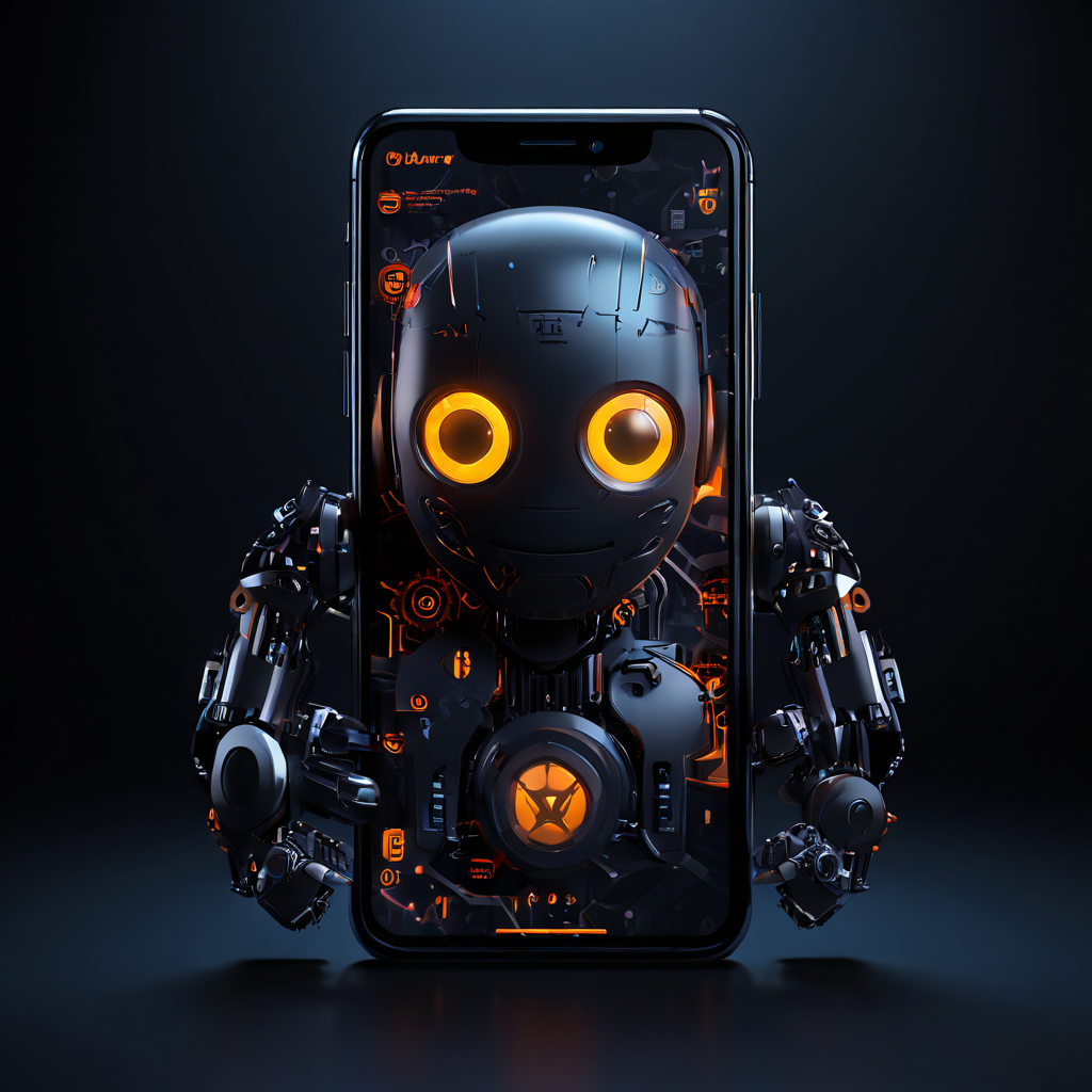 스마트폰 화면에 표시된 친근한 챗봇 인터페이스와 대비되게, 배경에는 복잡한 톱니바퀴 네트워크와 경고 표지가 어둠 속에 잠재해 있는 디지털 보안과 인공지능의 양면성을 상징하는 이미지입니다.