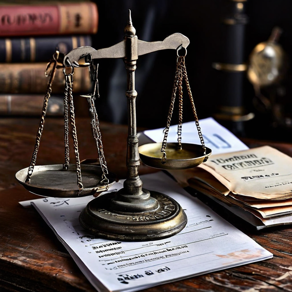 소비자 과실로 표시된 파손된 제품과 입증 책임이 적힌 제조사 서류 가방 사이에서 균형을 맞추고 있는 법의 저울은 제품 결함 분쟁에서의 공정한 책임 소재 판단을 상징적으로 표현합니다.