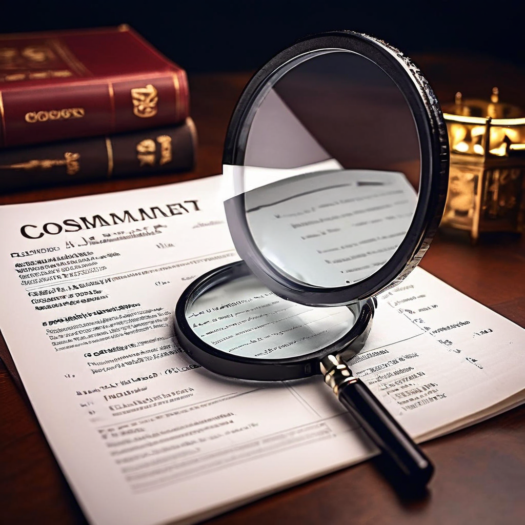 보증 문서에서 '소비자 과실' 항목을 확대경으로 강조하고, 보호와 전략을 상징하는 방패와 체크리스트 아이콘이 함께 배치된 보증 정책 분석 개념 이미지입니다.