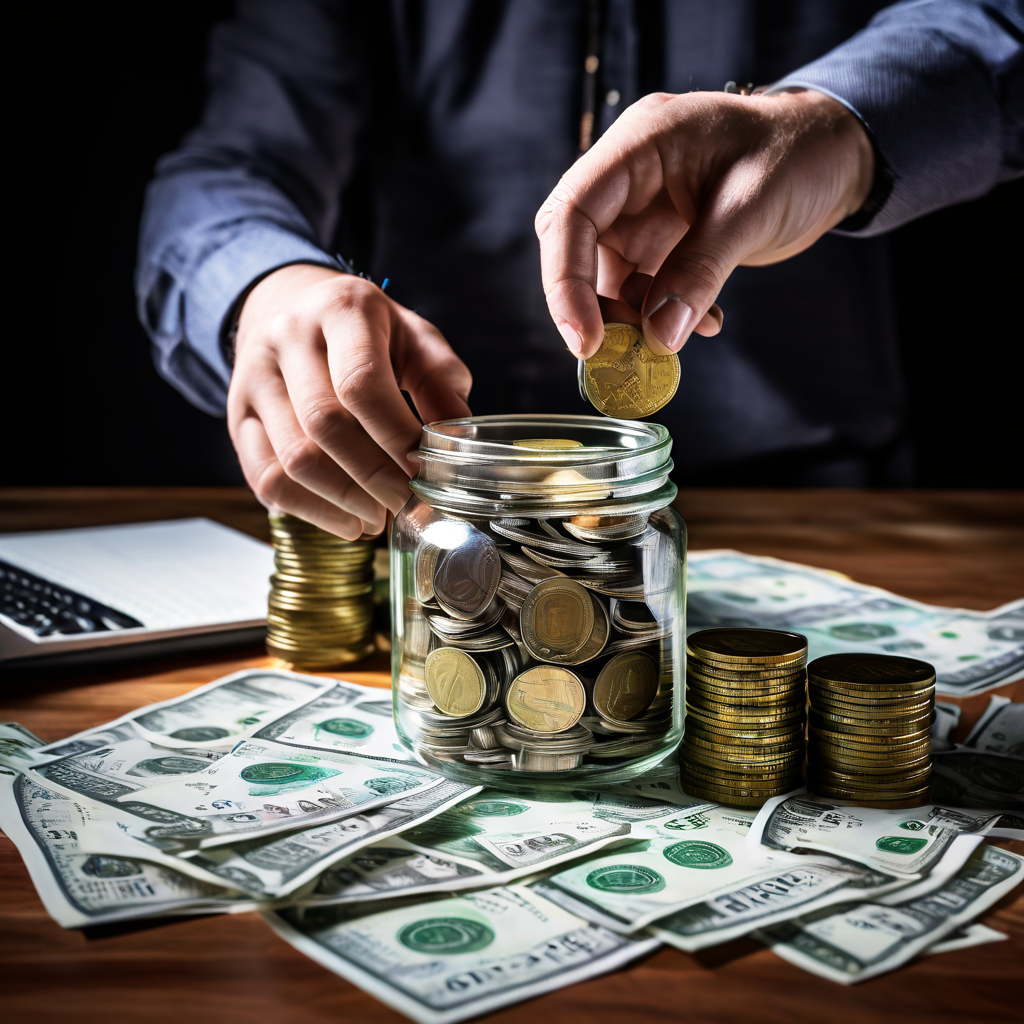 손이 돈 더미를 나누며 10%를 '전투 자금'으로 표시된 별도 항아리로 옮기는 모습을 재무 차트 배경 위에서 보여주는, 자금 배분과 전략적 저축 계획을 시각화한 이미지입니다.