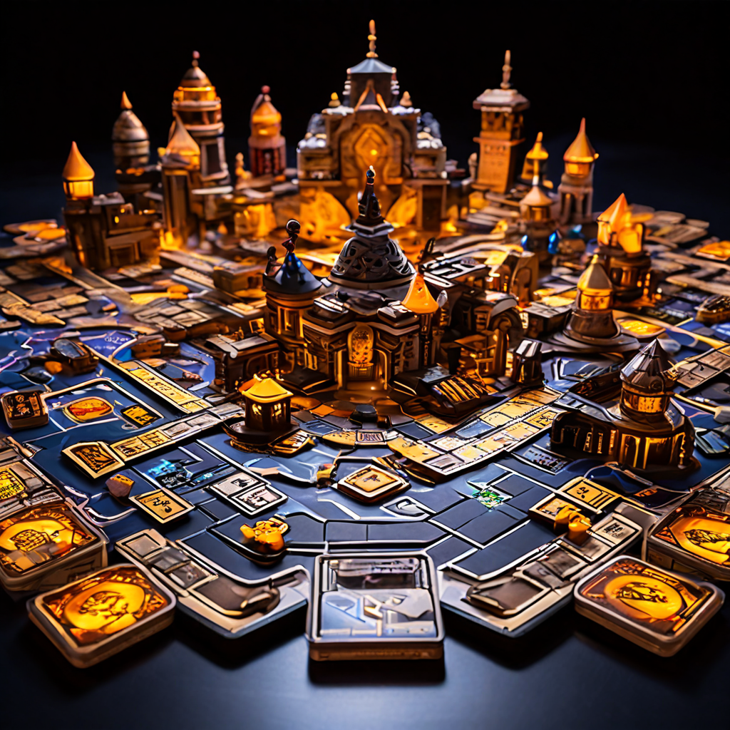 복잡한 보드게임에서 신용카드 말을 사용하며 미로처럼 얽힌 규칙과 세밀한 전략에 압도된 플레이어의 모습을 담은 이미지입니다.