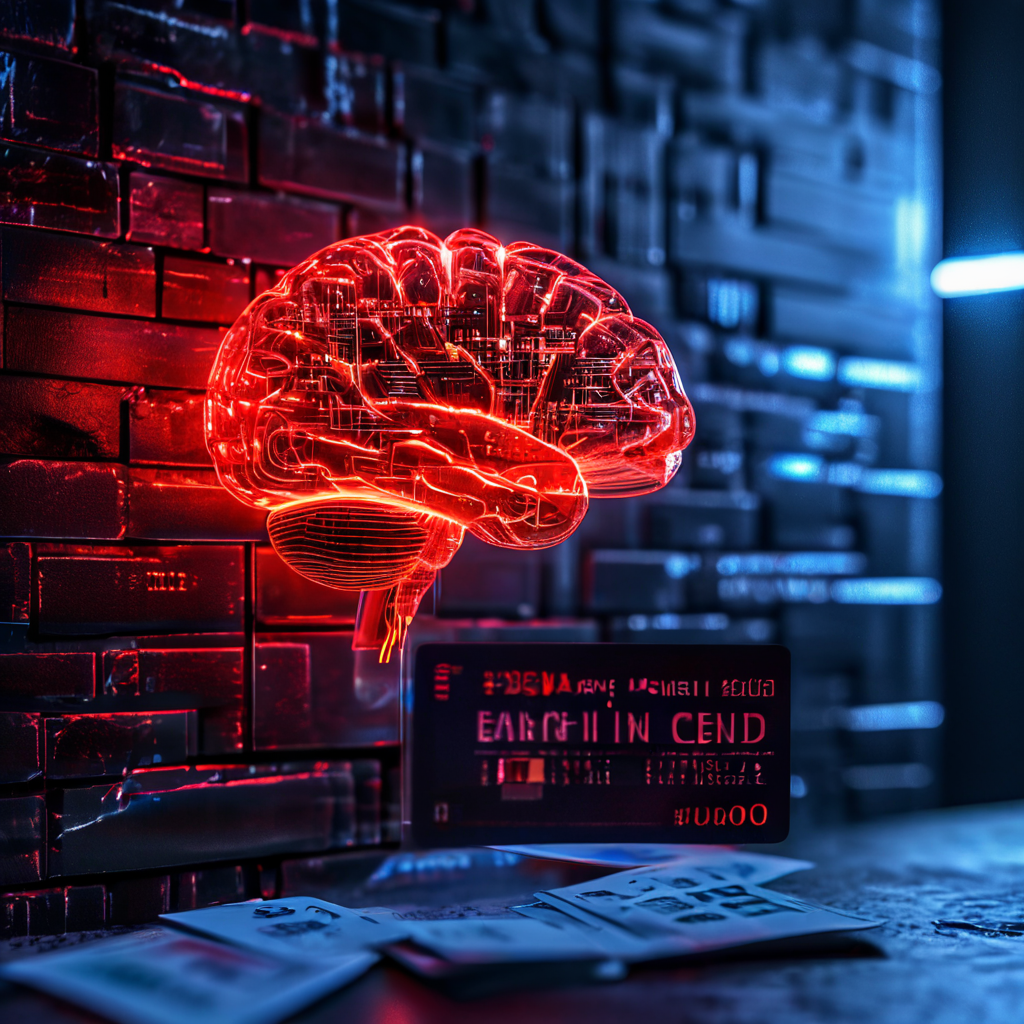 신용카드 결제를 가로막는 보이지 않는 장벽과 그 뒤에서 데이터를 분석하는 빛나는 AI 뇌를 표현한 이미지로, 카드에 표시된 빨간색 DENIED 텍스트가 인공지능에 의한 거절 결정을 시각적으로 상징합니다.