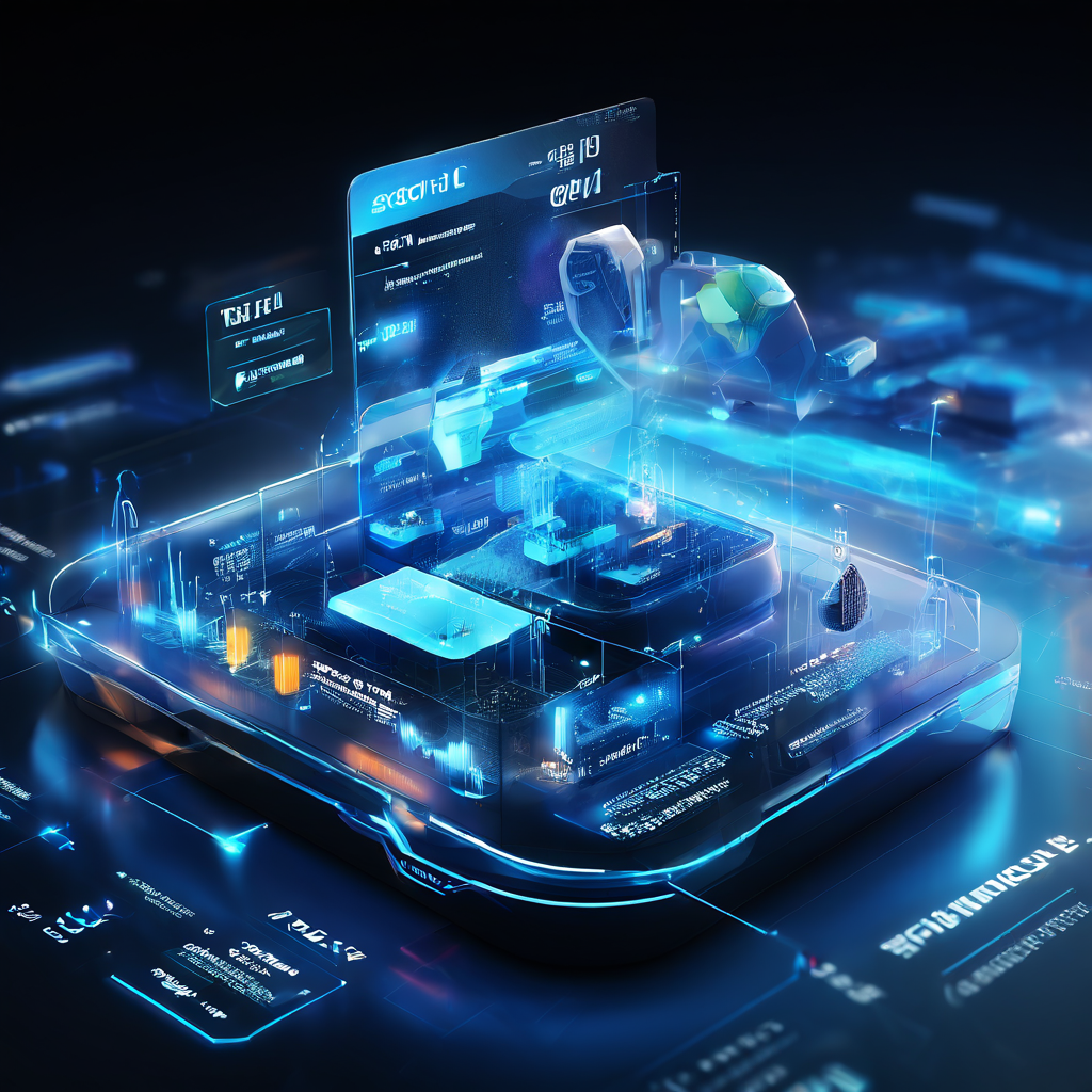 Digital product visualization of a secure online platform transfer process with glowing interface layers and flowing data paths.