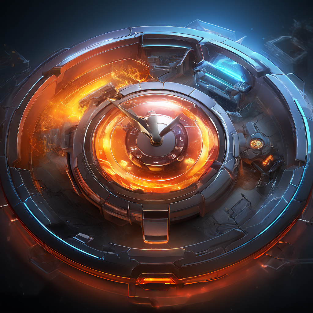 Futuristic dashboard interface with glowing data paths representing game switching and session length tracking in an online...